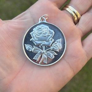 Vintage Sterling Silver LINCOLN MINT Rose Flower Love Quote Medallion Pendant